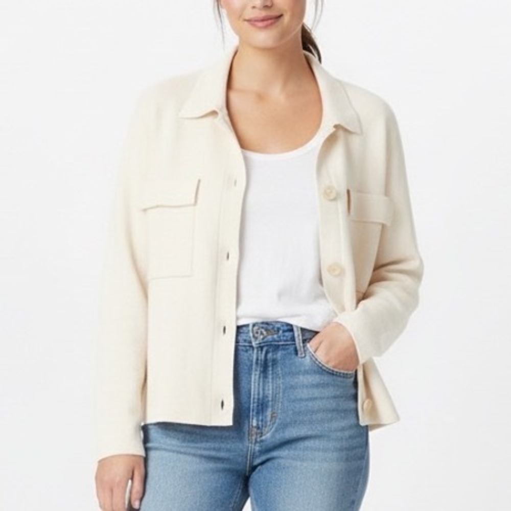 LOFT Cream Button Front Collared Sweater Knit Jac… - image 1